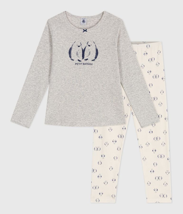 Pyjama enfant en coton imprim&eacute; pingouin gris BELUGA/blanc MULTICO