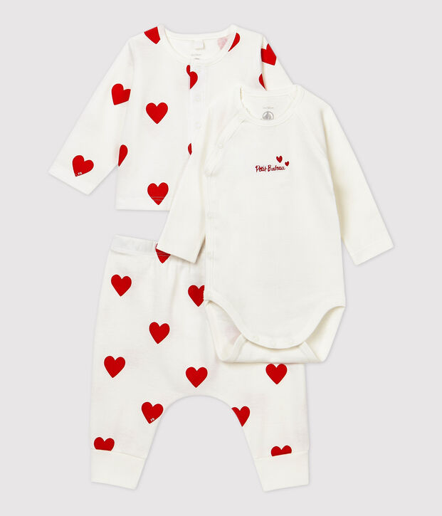 Ensemble 3 pi&egrave;ces c&oelig;urs rouges b&eacute;b&eacute; en coton biologique blanc/rouge