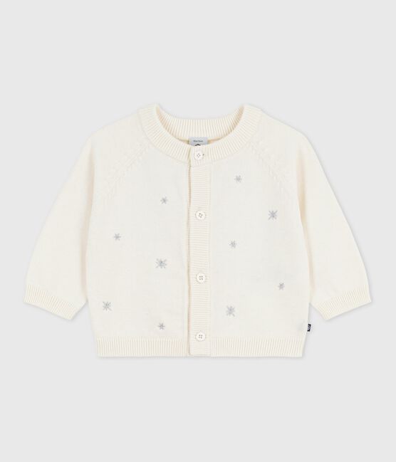 Cardigan bébé en tricot laine et coton brodé d'étoiles blanc MARSHMALLOW/gris ARGENT