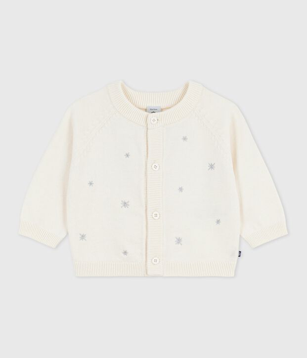 Cardigan b&eacute;b&eacute; en tricot laine et coton brod&eacute; d'&eacute;toiles blanc/gris