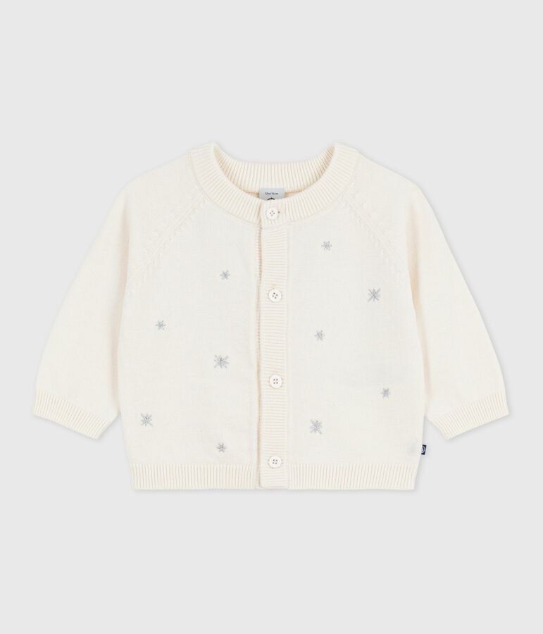 Cardigan b&eacute;b&eacute; en tricot laine et coton brod&eacute; d'&eacute;toiles blanc MARSHMALLOW/gris ARGENT