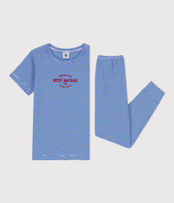Pyjama manches courtes à rayures en coton enfant bleu PERSE/blanc MARSHMALLOW