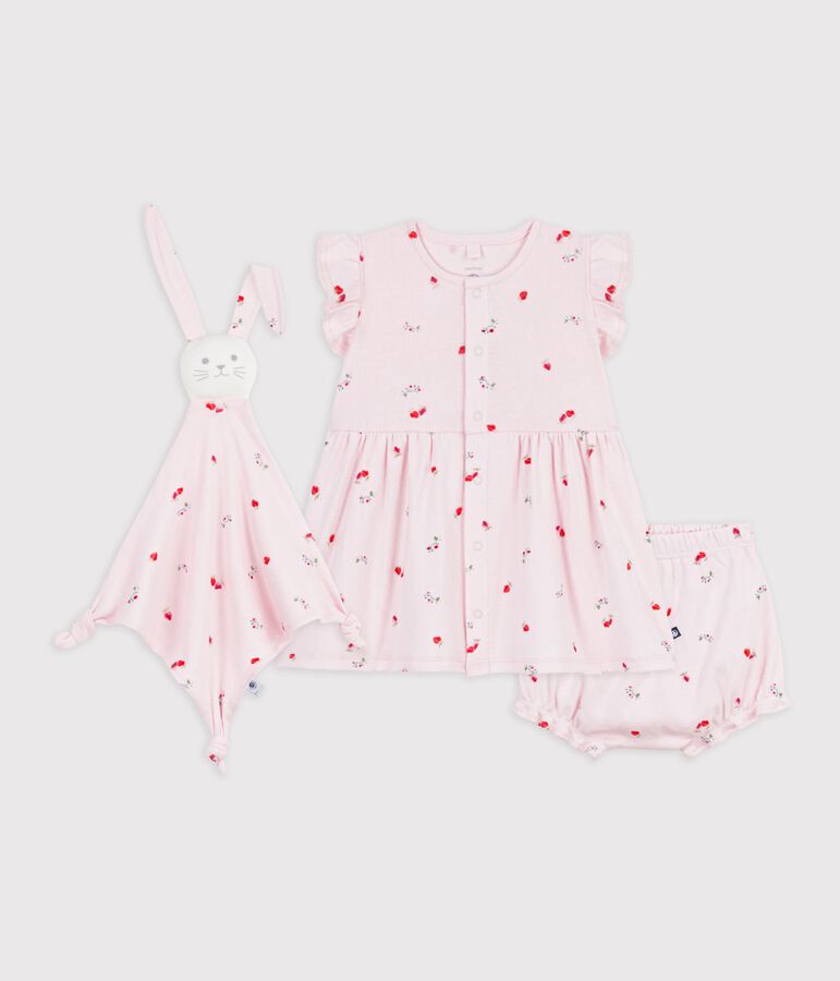 Ensemble cadeau b&eacute;b&eacute; robe et doudou en coton imprim&eacute;s fleurs rose/multicouleur