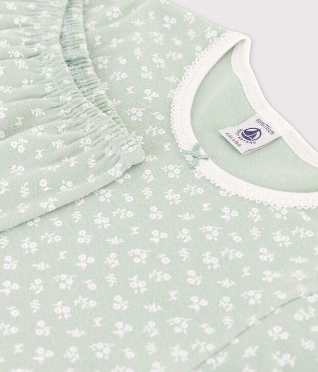Pyjama manches courtes fleuri petite fille en coton vert/blanc