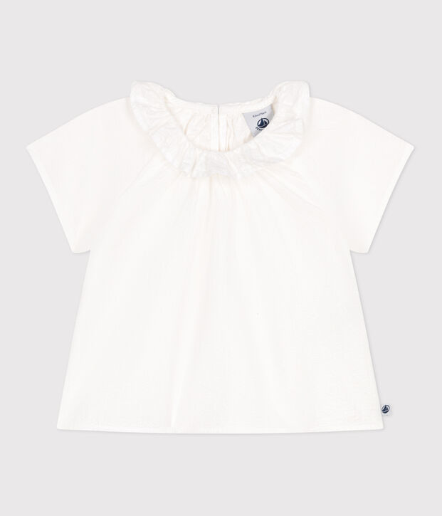 Blouse b&eacute;b&eacute; manches courtes en seersucker ray&eacute;e blanc