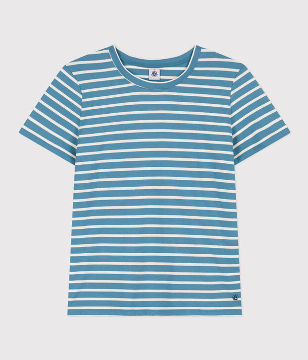 Tee-shirt LE DROIT col rond en coton Femme bleu/&eacute;cru