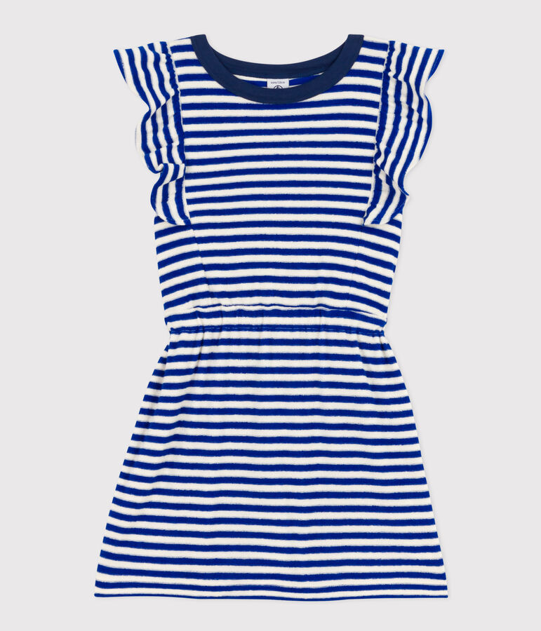 Robe ray&eacute;e sans manche en bouclette &eacute;ponge enfant fille bleu SURF/ AVALANCHE