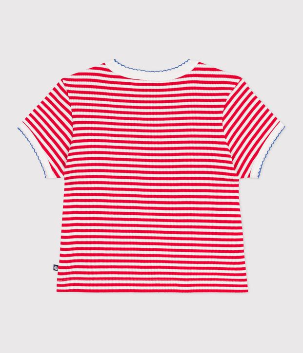 Tee-shirt enfant manches courtes en coton &agrave; rayures rouge/blanc