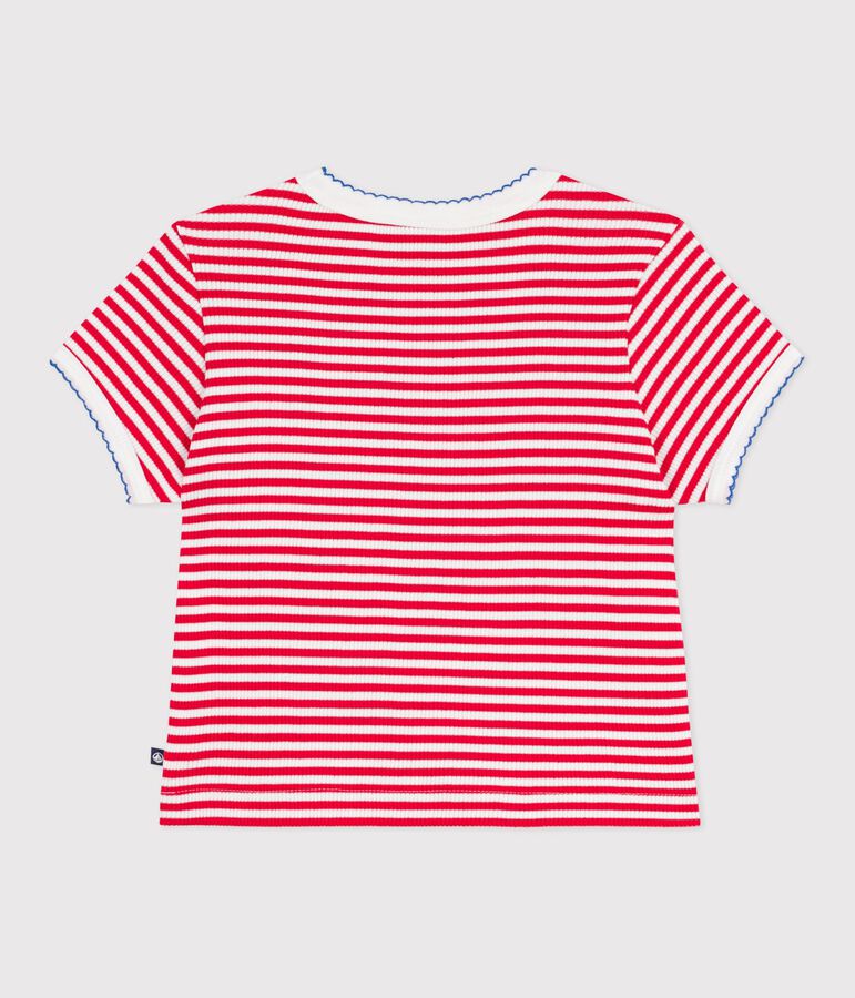 Tee-shirt enfant manches courtes en coton &agrave; rayures rouge POMPIER/ MARSHMALLOW