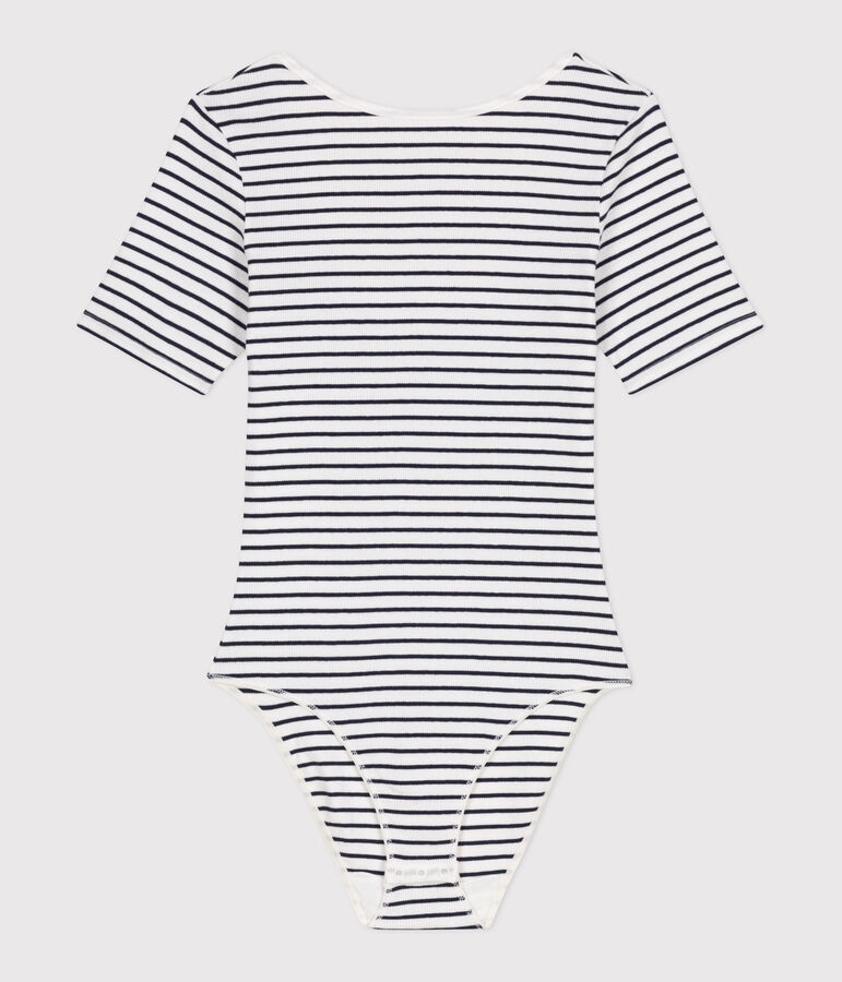 Body femme en coton et &eacute;lasthanne manches courtes &agrave; rayures blanc MARSHMALLOW/bleu SMOKING