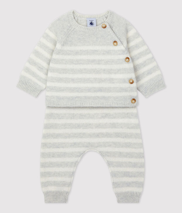 Ensemble 2 pi&egrave;ces ray&eacute; en tricot b&eacute;b&eacute; beige/blanc