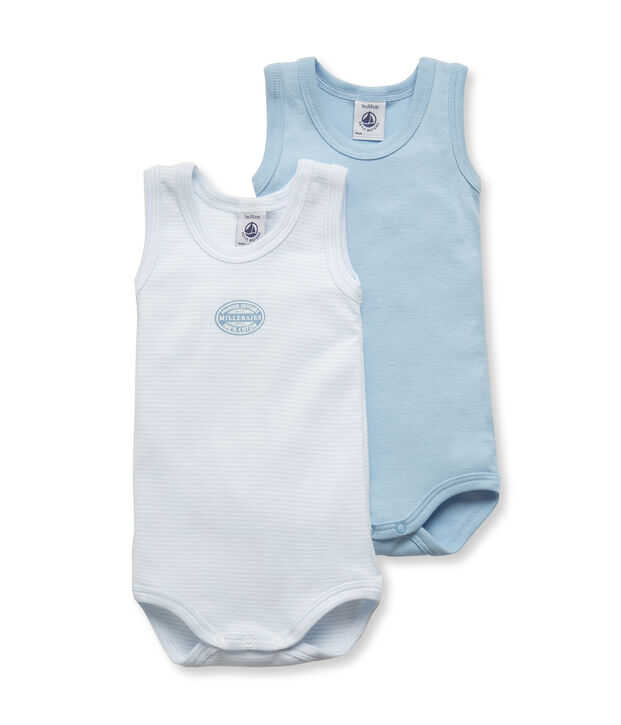 Lot de 2 bodies b&eacute;b&eacute; gar&ccedil;on sans manches uni/milleraies lot .