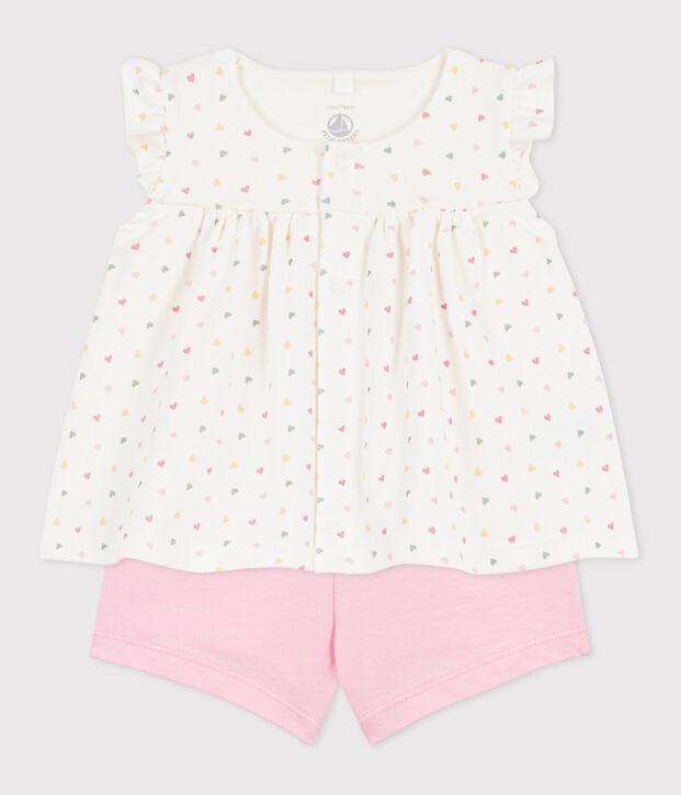 Ensemble 2 pi&egrave;ces b&eacute;b&eacute; en coton imprim&eacute; mini c&oelig;urs blanc/multicouleur