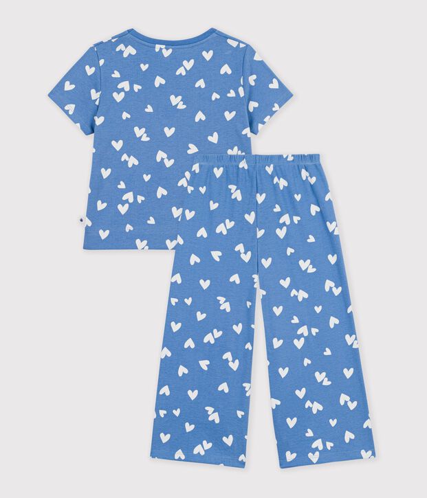 Pyjama enfant en coton jambes larges &agrave; c&oelig;urs bleu/blanc