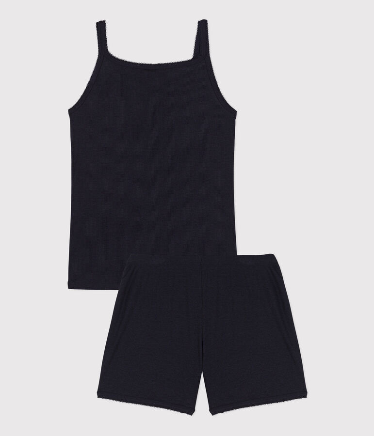 Pyjacourt &agrave; bretelles uni en coton et lyocell femme bleu SMOKING