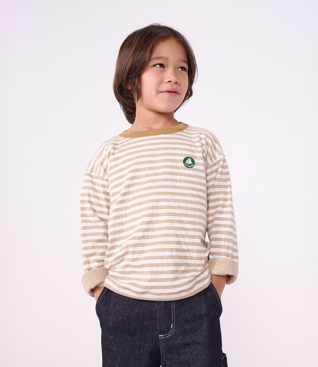 Tee-shirt enfant manches longues &agrave; rayures beige/&eacute;cru/beige
