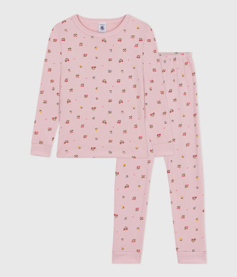 Pyjama enfant en coton  tr&egrave;s ajust&eacute; imprim&eacute; fleurs rose JOLI/blanc MULTICO
