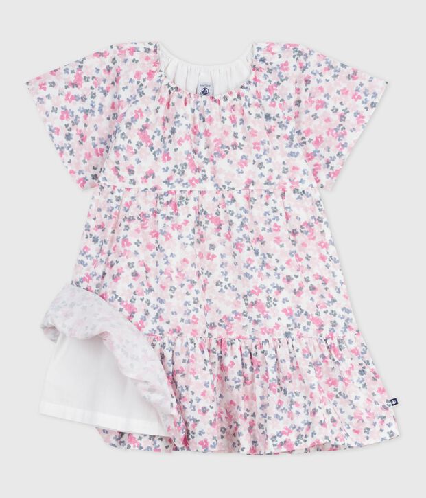 Robe enfant en coton manches courtes imprim&eacute;e blanc/multicouleur