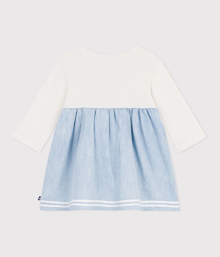 Robe b&eacute;b&eacute; bi-mati&egrave;re manches longues, en coton et chambray &eacute;cru/multicouleur