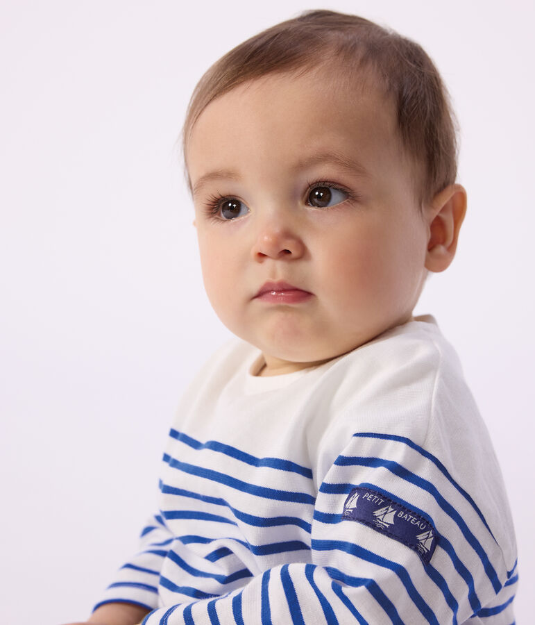 Tee-shirt marini&egrave;re b&eacute;b&eacute; en coton manches longues blanc MARSHMALLOW/bleu PERSE