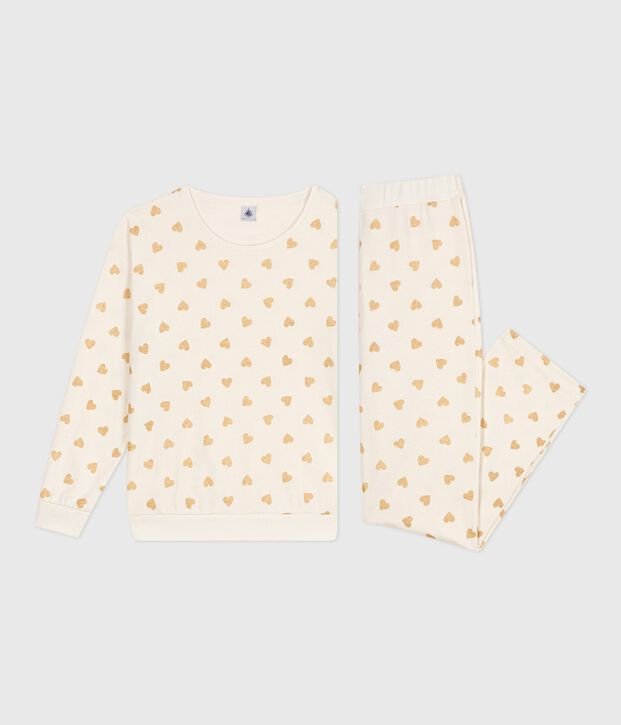 Pyjama femme en coton imprim&eacute; c&oelig;urs dor&eacute;s &eacute;cru/jaune