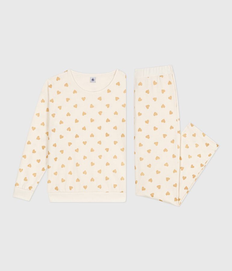 Pyjama femme en coton imprim&eacute; c&oelig;urs dor&eacute;s &eacute;cru/jaune
