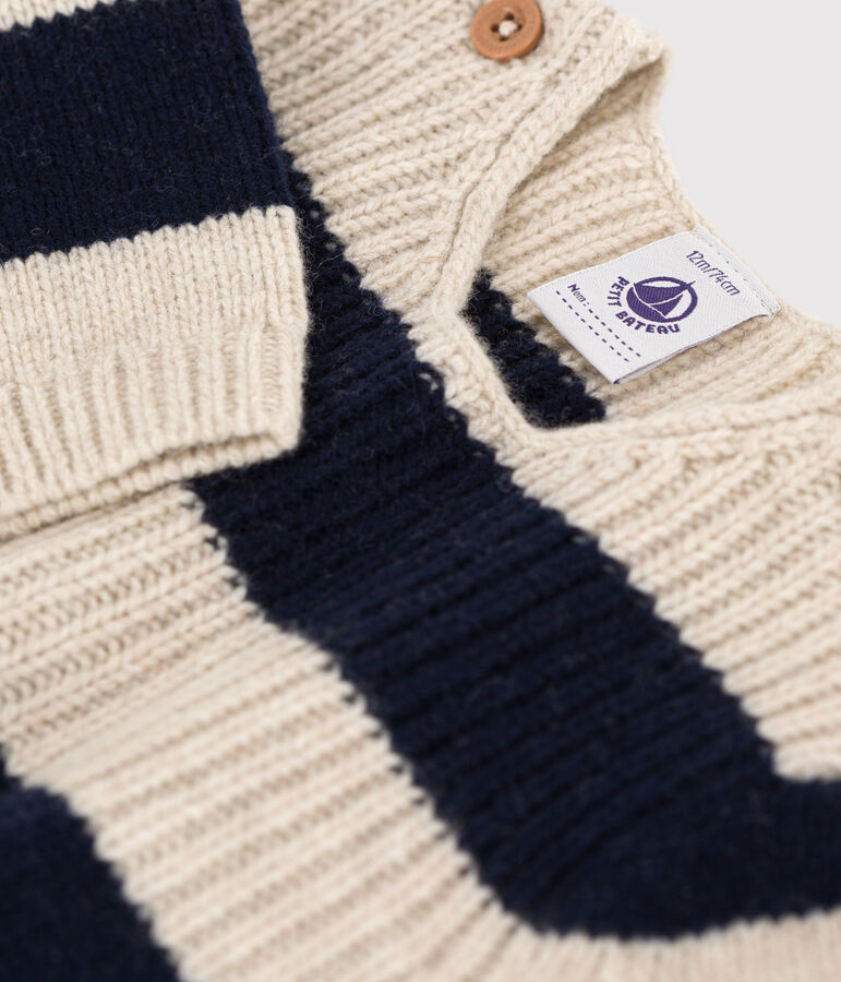 Pull en tricot de laine et coton b&eacute;b&eacute; blanc AVALANCHE/bleu SMOKING