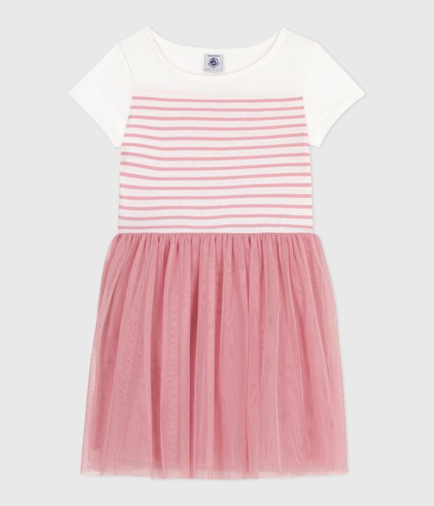 Robe enfant en coton et tulle manches courtes blanc/rose