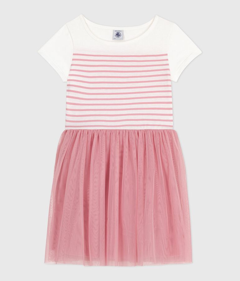 Robe enfant en coton et tulle manches courtes blanc MARSHMALLOW/rose CHARME