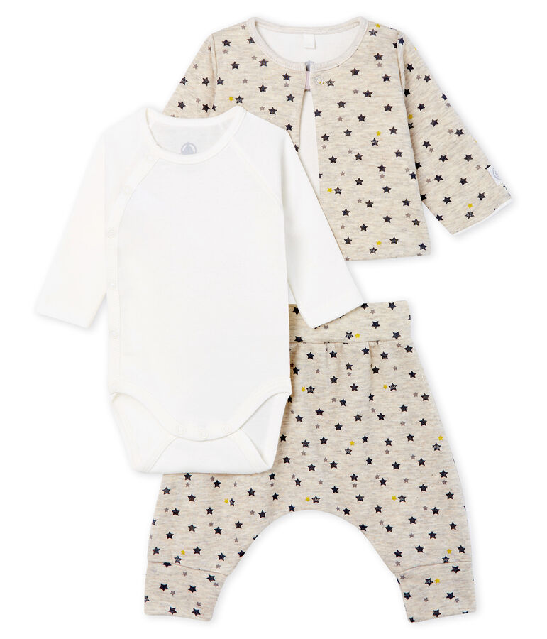 Ensemble trois pi&egrave;ces b&eacute;b&eacute; gar&ccedil;on en laine et coton beige/multicouleur