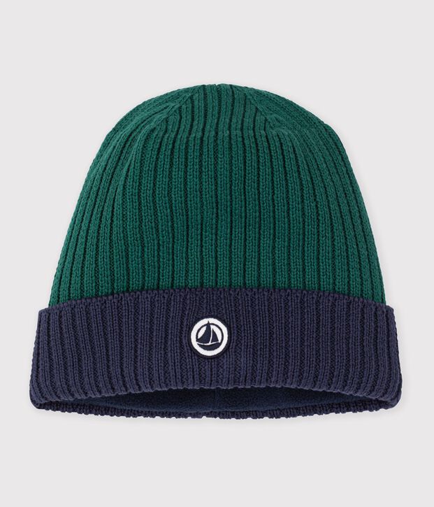 Bonnet enfant en tricot bicolore doubl&eacute; polaire vert/bleu
