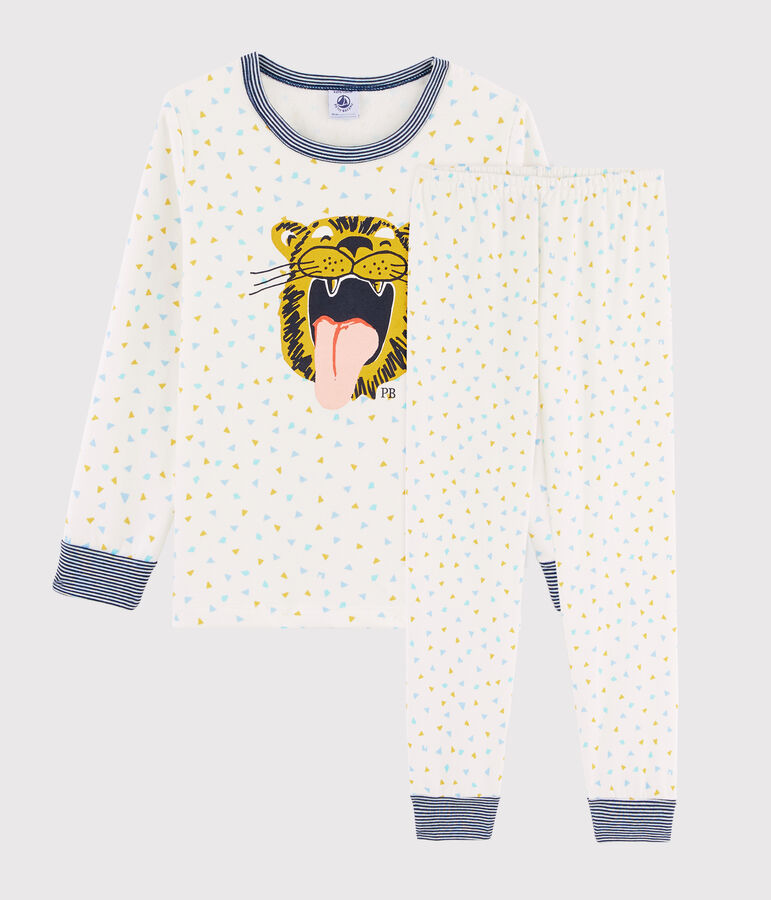 Pyjama enfant &agrave; motif tigre en c&ocirc;te blanc MARSHMALLOW/blanc MULTICO