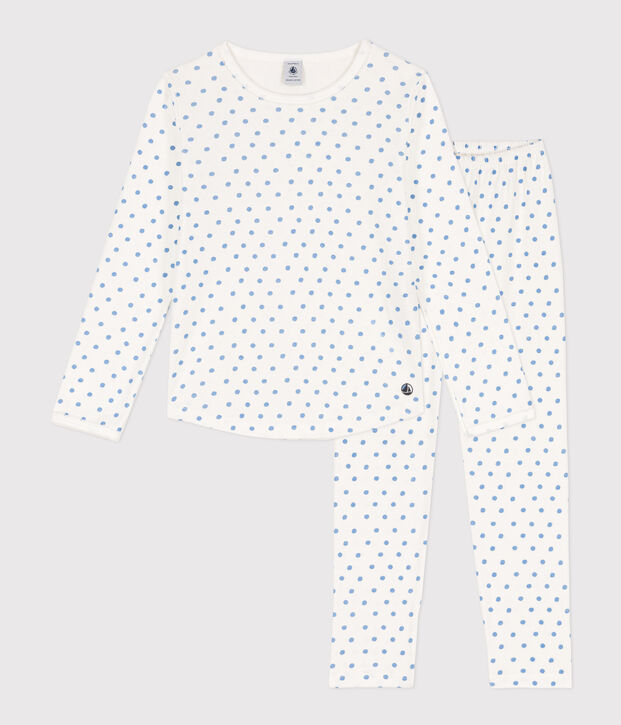 Pyjama &agrave; pois en coton petite fille blanc/bleu