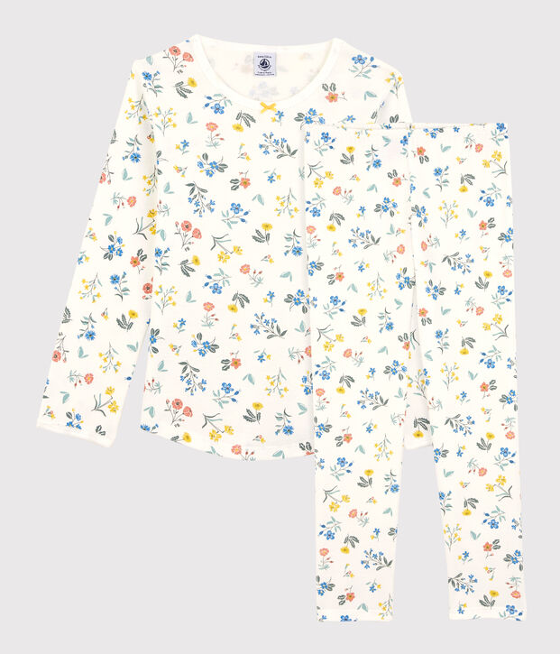 Pyjama fleurs petite fille en coton blanc/multicouleur
