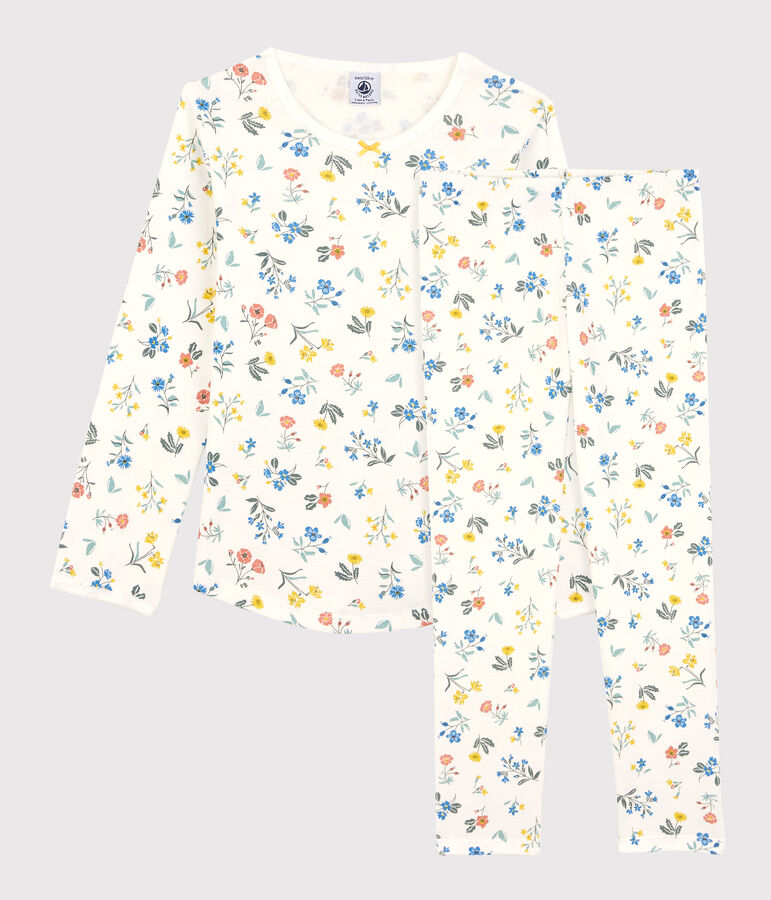 Pyjama fleurs petite fille en coton blanc MARSHMALLOW/blanc MULTICO