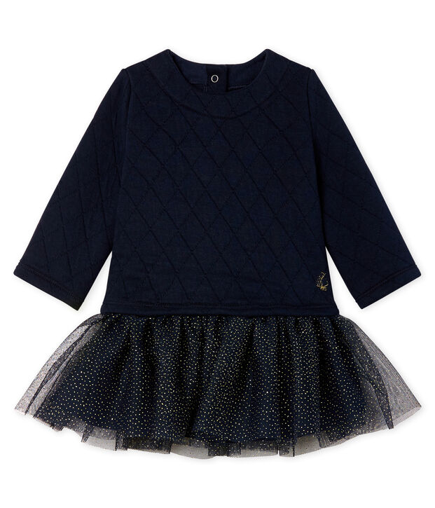 Robe manches longues bi-mati&egrave;re b&eacute;b&eacute; fille bleu marine