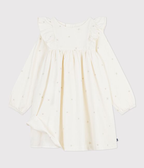 Robe enfant manches longues en velours unie écru MILK/ ARGENT