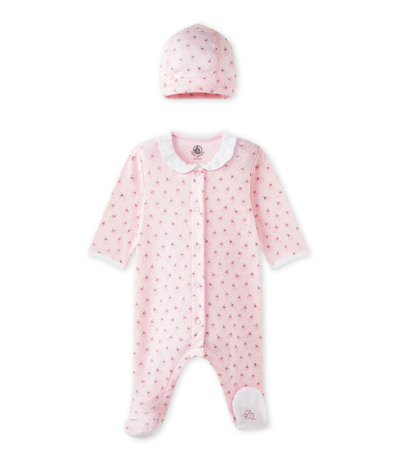 Dors-bien bébé fille et son bonnet de naissance rose VIENNE/blanc MULTICO