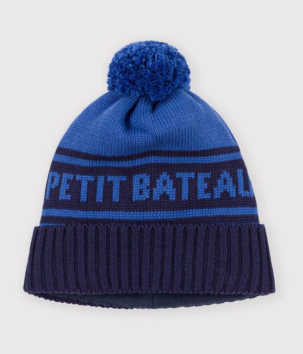 Bonnet enfant jacquard en tricot doubl&eacute; polaire bleu/bleu