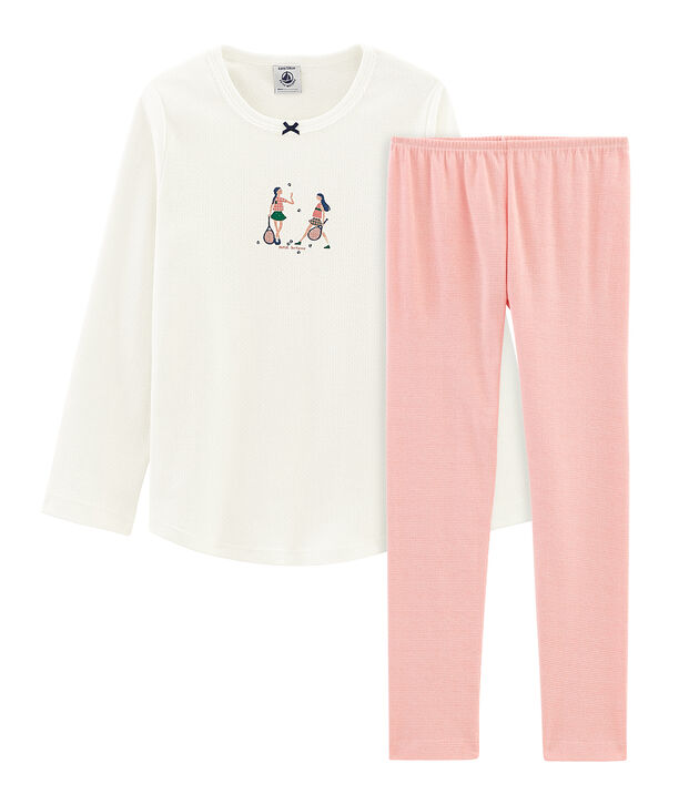 Pyjama petite fille en c&ocirc;te blanc/rose