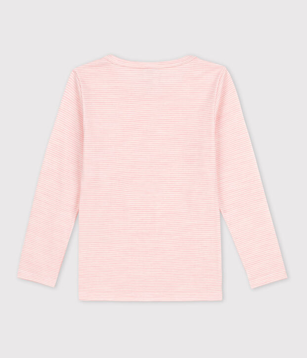 Tee-shirt manches longues milleraies petite fille en laine et coton rose/blanc