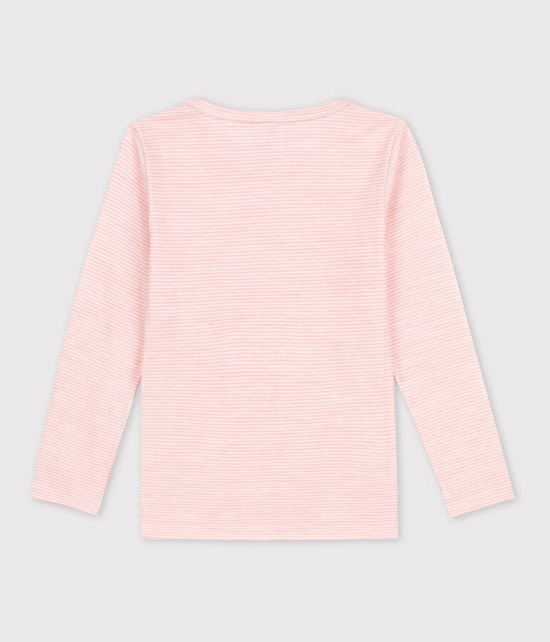Tee-shirt manches longues milleraies petite fille en laine et coton rose/blanc