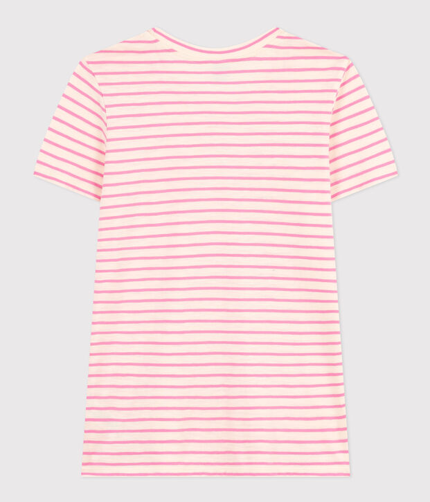 Tee-shirt Le Droit col rond en coton ray&eacute; femme &eacute;cru/rose