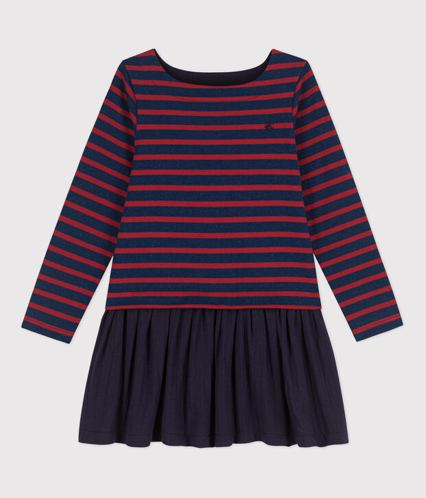 Robe ray&eacute;e en coton &eacute;pais et gaze de coton enfant fille bleu/rouge