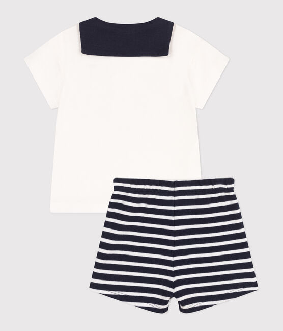 Ensemble bébé deux pièces en coton, t-shirt col vareuse bleu SMOKING/blanc MARSHMALLOW