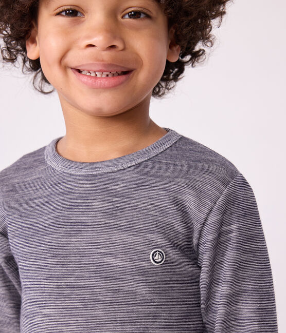 Tee-shirt enfant en laine et coton manches longues à rayures bleu SOIR/ MARSHMALLOW