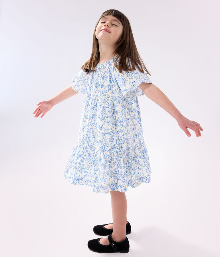 Robe enfant en coton manches courtes imprim&eacute; bleu MARSHMALLOW/ PORCELANA