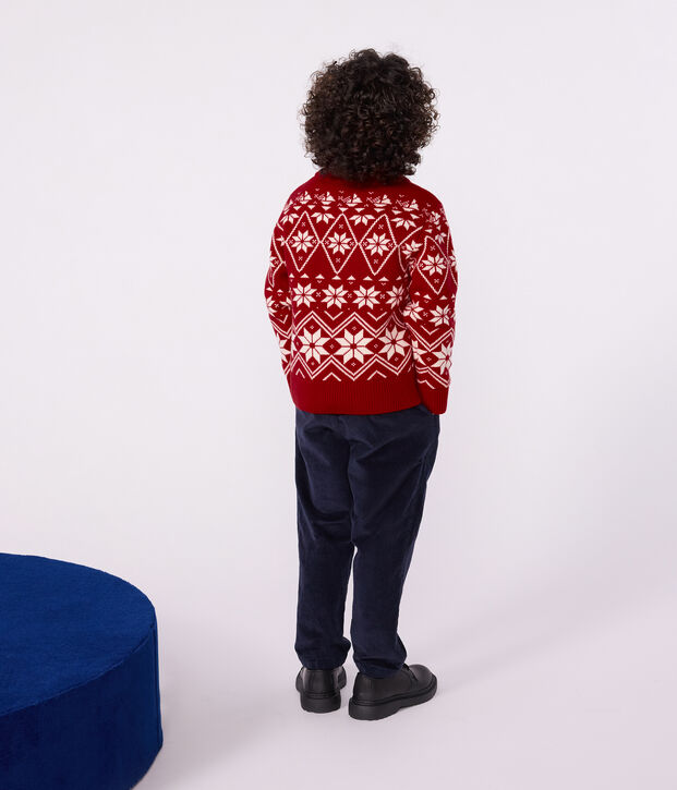 Pull enfant en laine et coton &agrave; motifs rouge/&eacute;cru