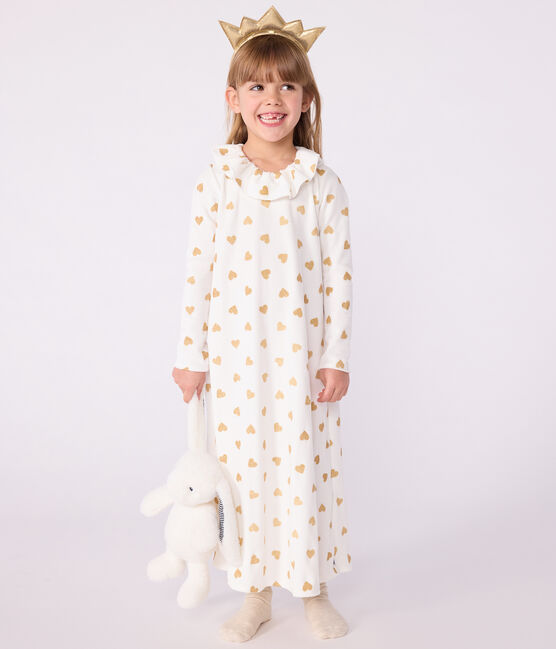 Chemise de nuit déguisement enfant en velours imprimé cœurs dorés écru MILK+DORE