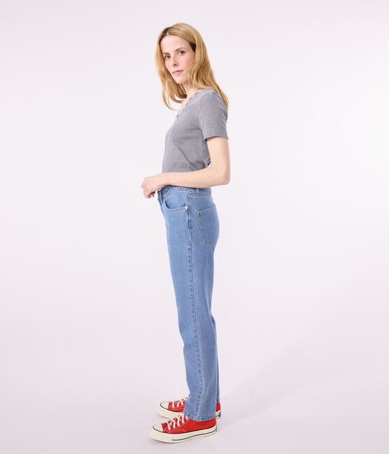 Tee-shirt l'Iconique col V en coton rayé femme bleu SMOKING/blanc MARSHMALLOW